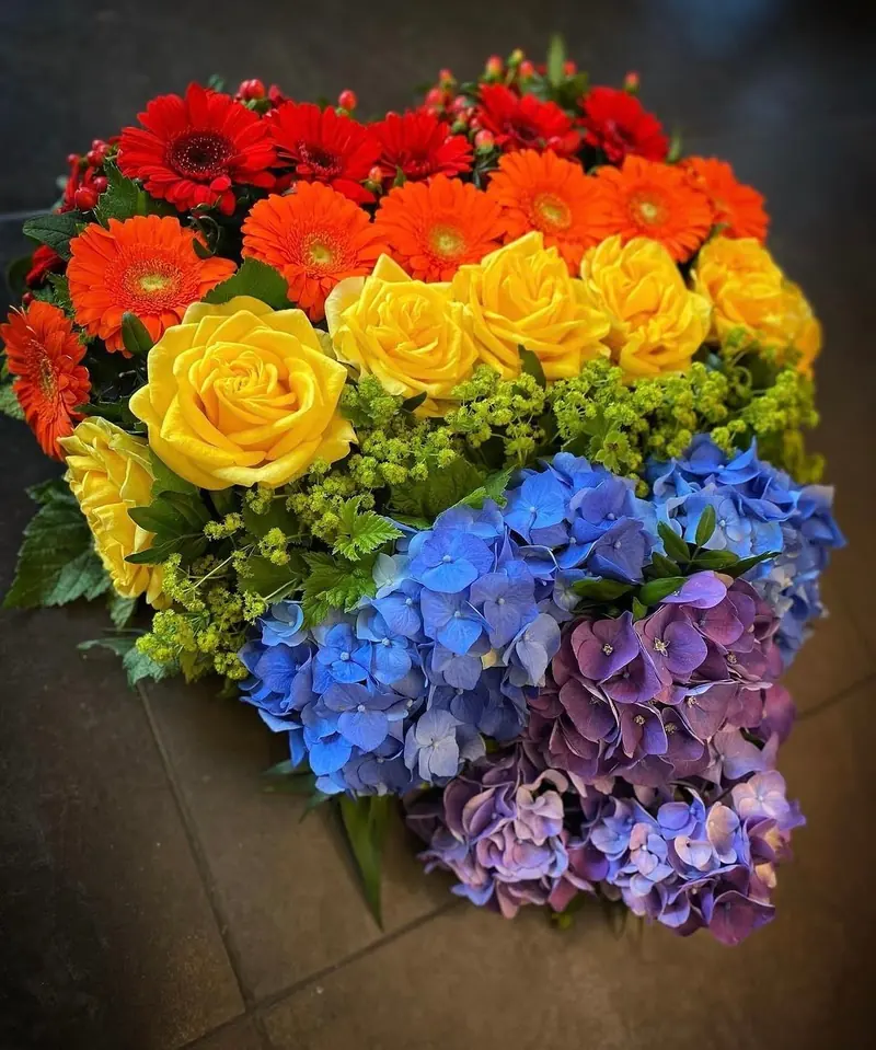 Composition arc-en-ciel de gerberas, roses, hortensias bleus et mauves