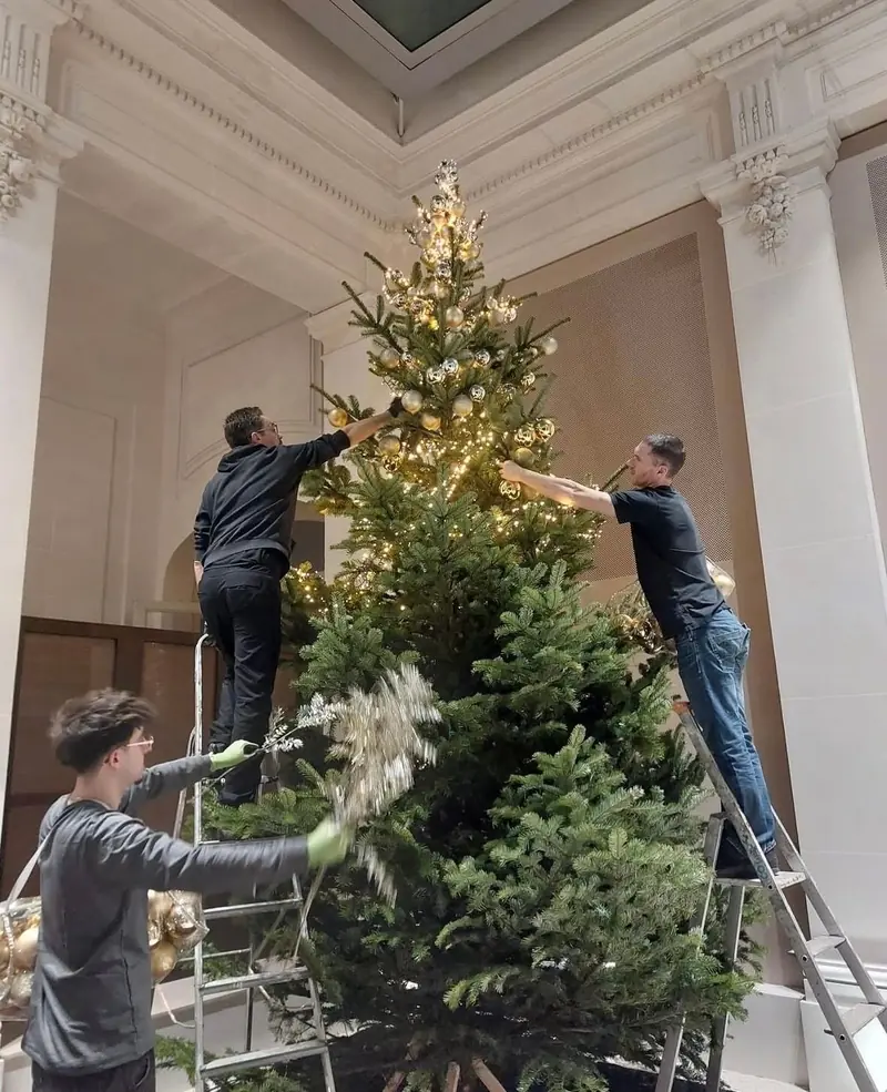 L'équipe décore un grand sapin de Noël dans un hall