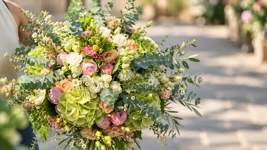 Bouquet champêtre d'hortensias, roses et eucalyptus signé Fleurs d'Italie