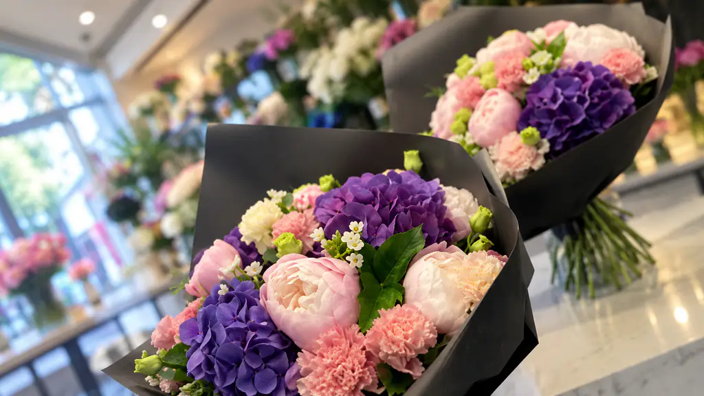Bouquets de pivoines et d'hortensias emballés de noir dans la boutique Fleurs d'Italie, Paris 13e